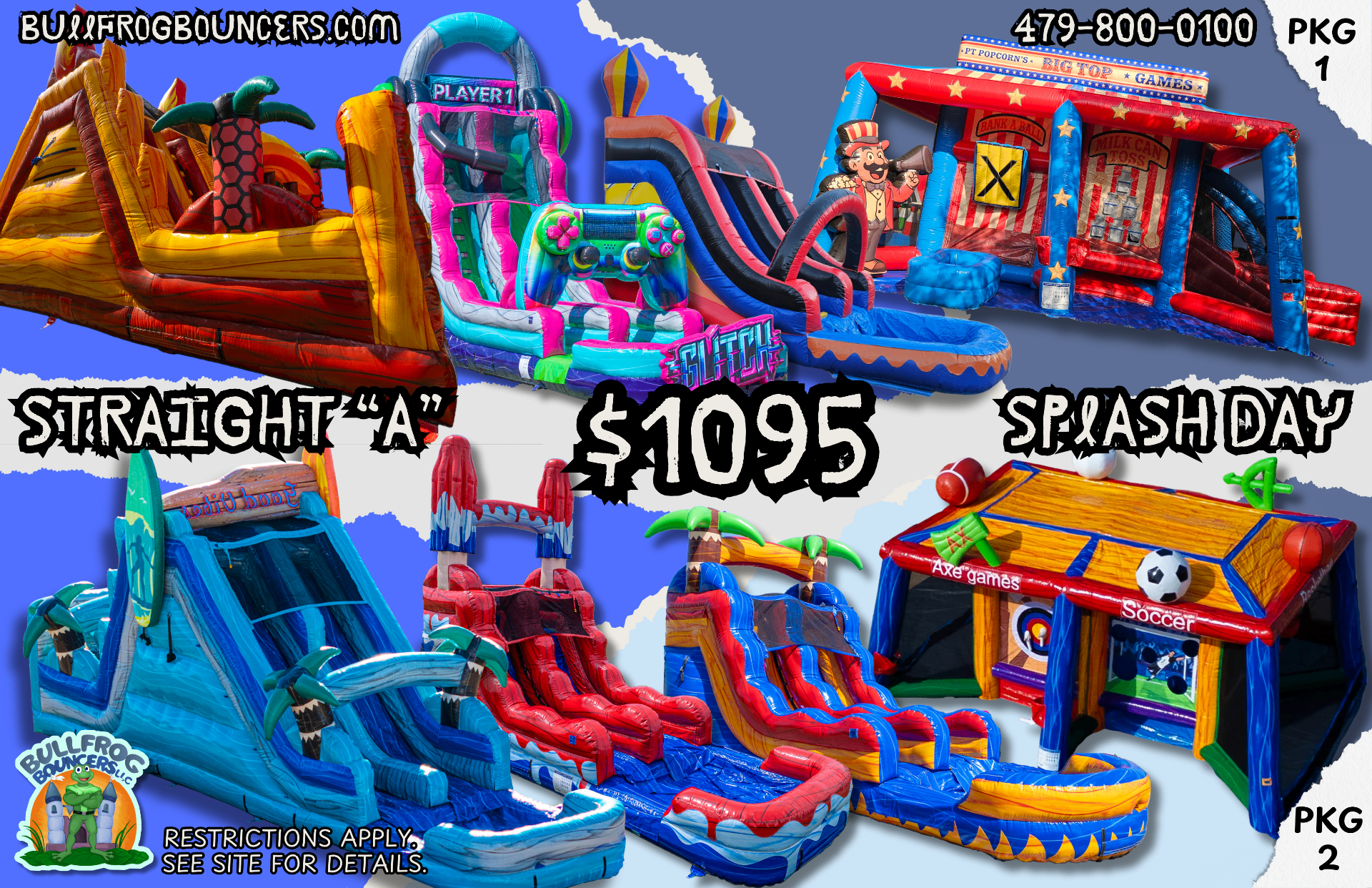 Straight A Splash Day Package - Water slides, obstacle course, and game center bundle for $1095